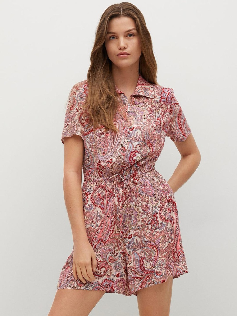 MANGO Paisley Short Sleeve Romper in Pink and Red
